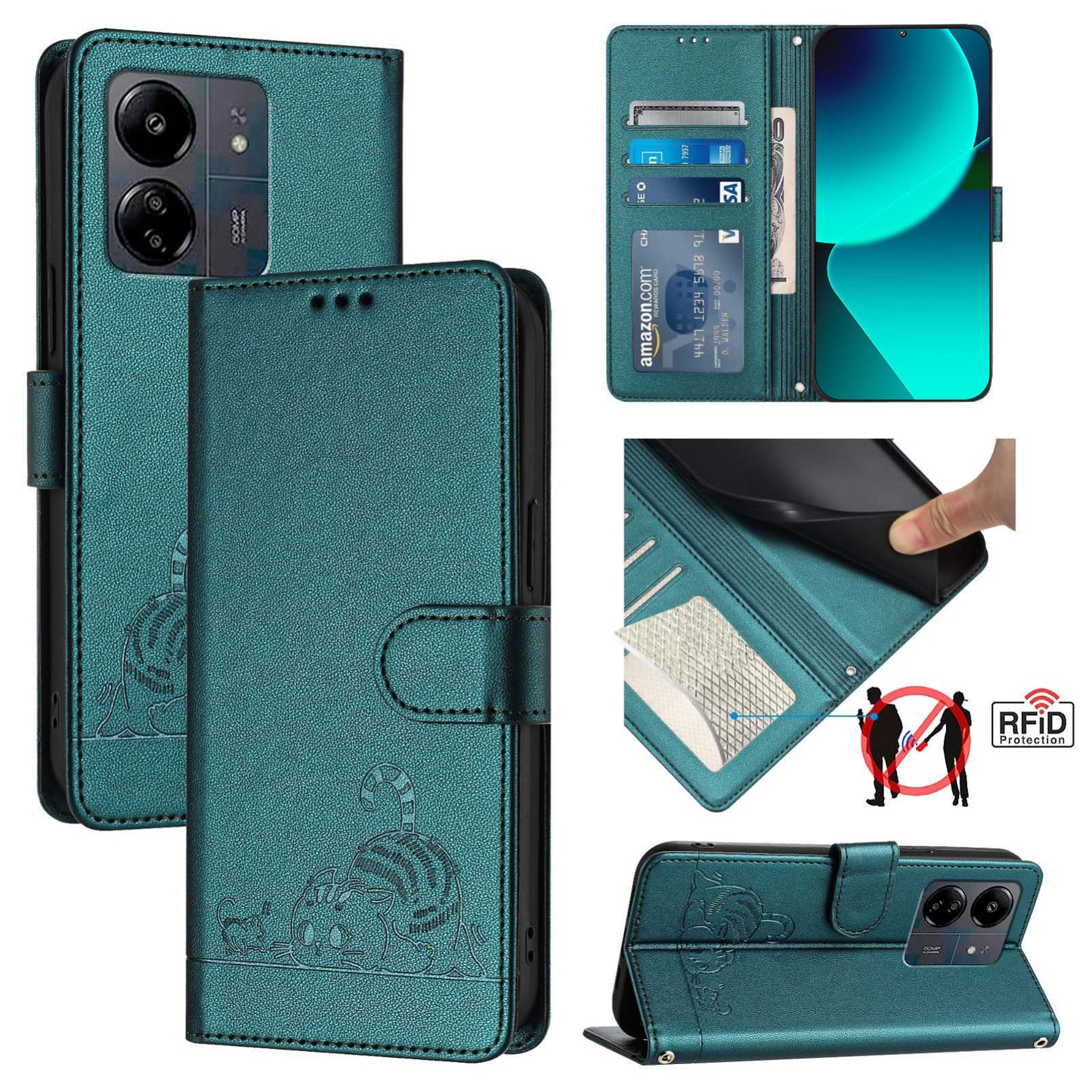 Xiaomi POCO M6 5G Global Cat and Rat Embossed Pattern, RFID Leather Phone Case with Lanyard, Kickstand, and Wallet Features