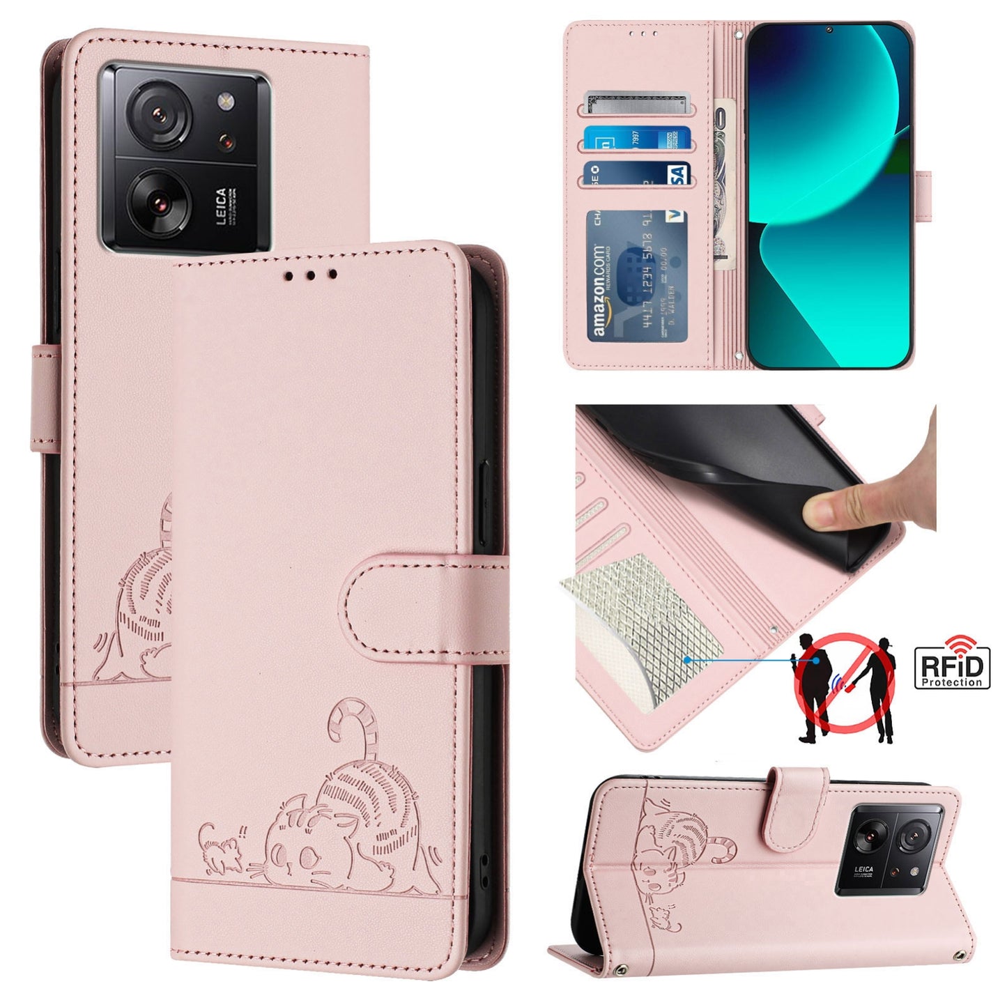 Xiaomi Redmi K60 Ultra Cat and Rat Embossed Pattern, RFID Leather Phone Case with Lanyard, Kickstand, and Wallet Features