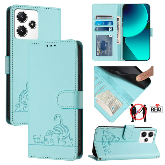 Xiaomi Redmi Note 12R Cat and Rat Embossed Pattern, RFID Leather Phone Case with Lanyard, Kickstand, and Wallet Features