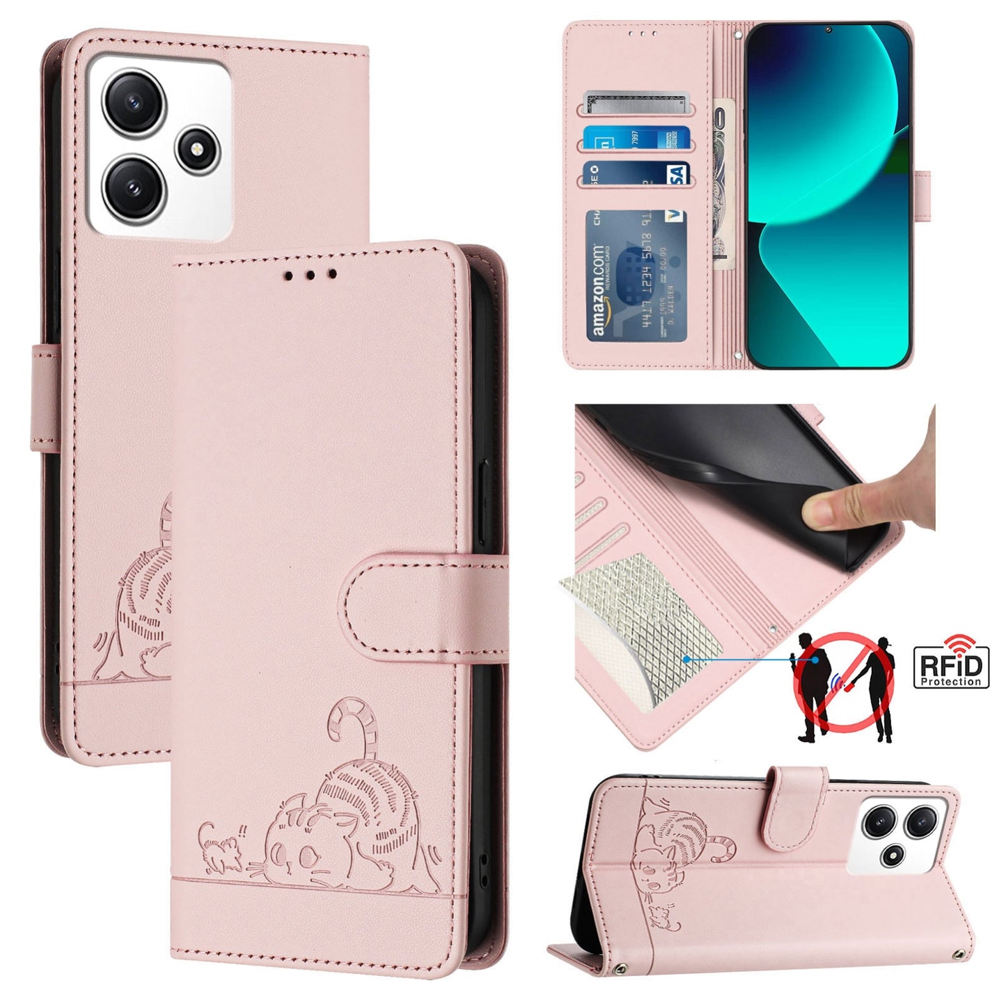 Xiaomi Redmi Note 12R Cat and Rat Embossed Pattern, RFID Leather Phone Case with Lanyard, Kickstand, and Wallet Features