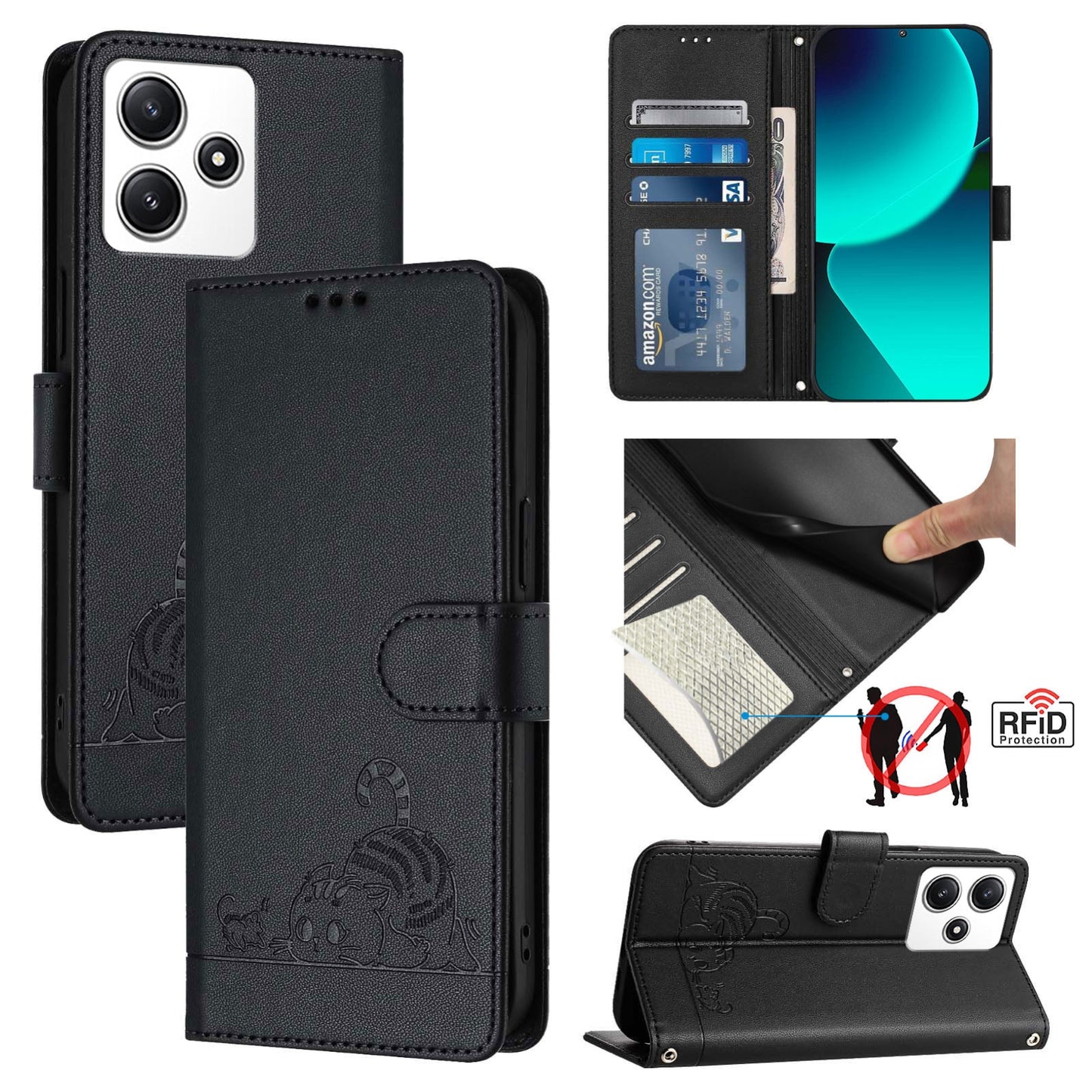 Xiaomi Redmi Note 12R Cat and Rat Embossed Pattern, RFID Leather Phone Case with Lanyard, Kickstand, and Wallet Features