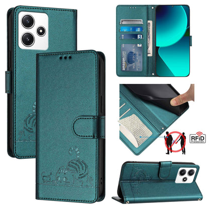 Xiaomi Redmi Note 12R Cat and Rat Embossed Pattern, RFID Leather Phone Case with Lanyard, Kickstand, and Wallet Features