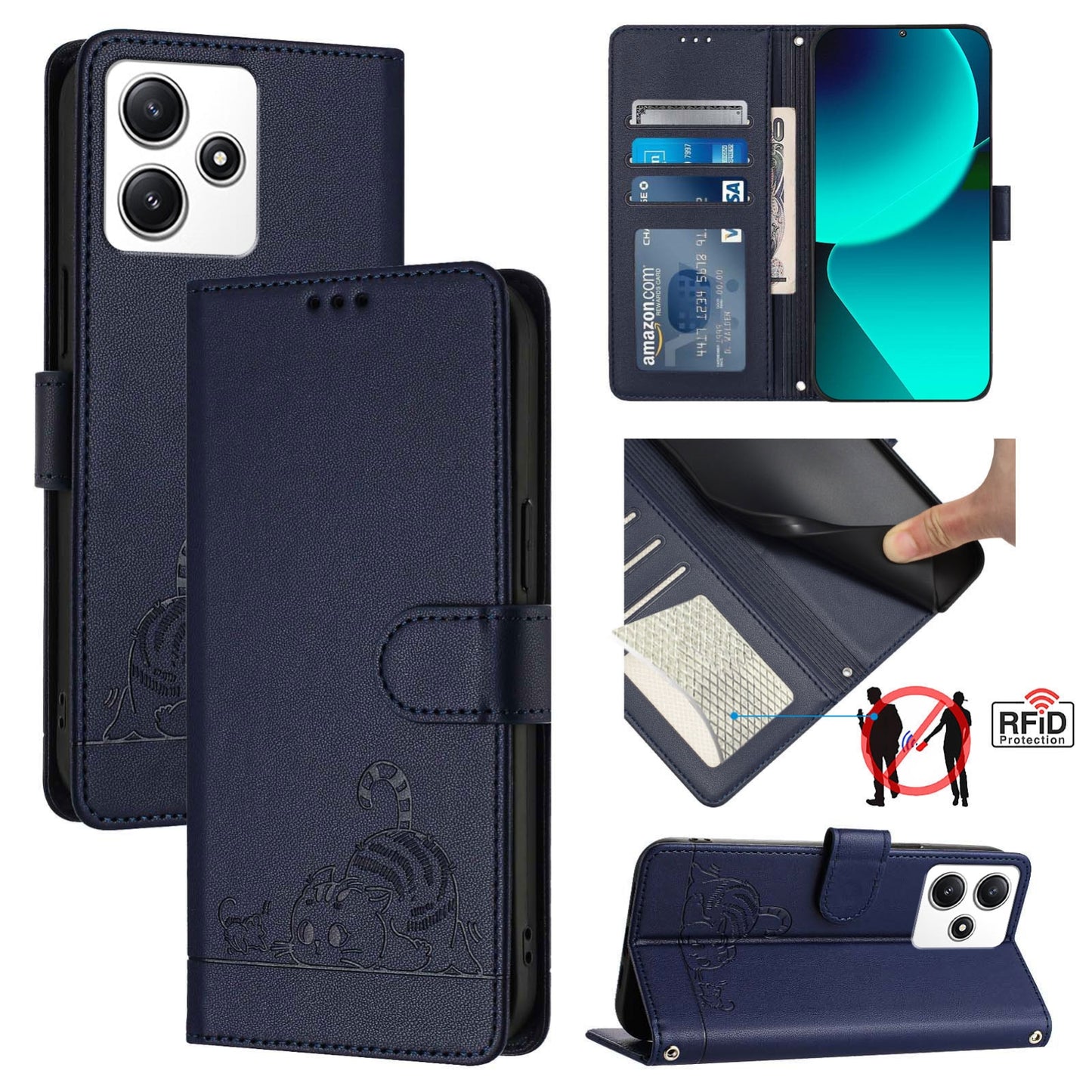 Xiaomi Redmi Note 12R Cat and Rat Embossed Pattern, RFID Leather Phone Case with Lanyard, Kickstand, and Wallet Features