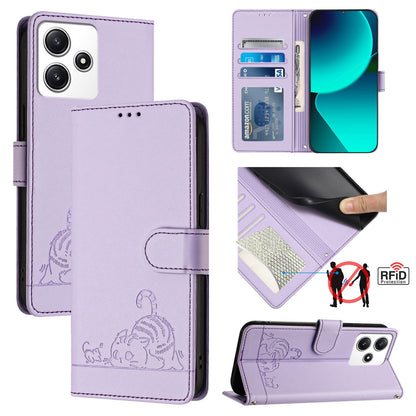 Xiaomi Redmi Note 12R Cat and Rat Embossed Pattern, RFID Leather Phone Case with Lanyard, Kickstand, and Wallet Features