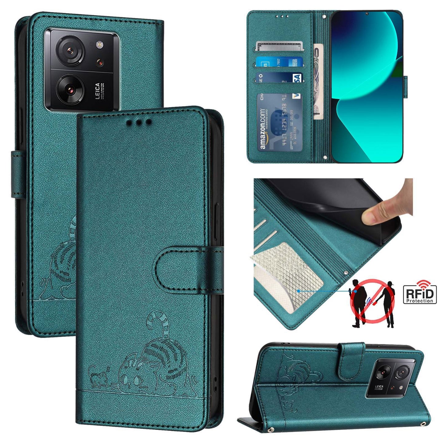 Xiaomi 13T Pro 5G Global Cat and Rat Embossed Pattern, RFID Leather Phone Case with Lanyard, Kickstand, and Wallet Features