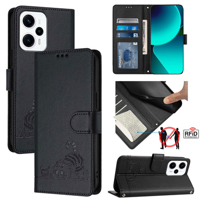 Xiaomi Redmi Note 11T Pro+ 5G Cat and Rat Embossed Pattern, RFID Leather Phone Case with Lanyard, Kickstand, and Wallet Features