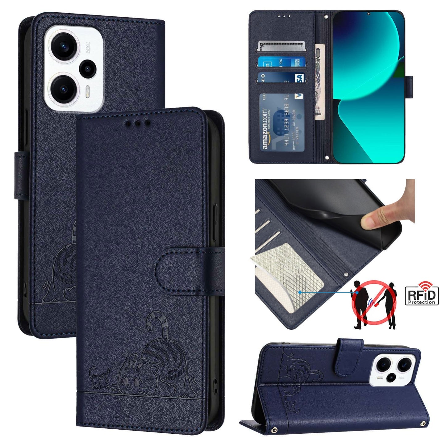 Xiaomi Redmi Note 11T Pro+ 5G Cat and Rat Embossed Pattern, RFID Leather Phone Case with Lanyard, Kickstand, and Wallet Features