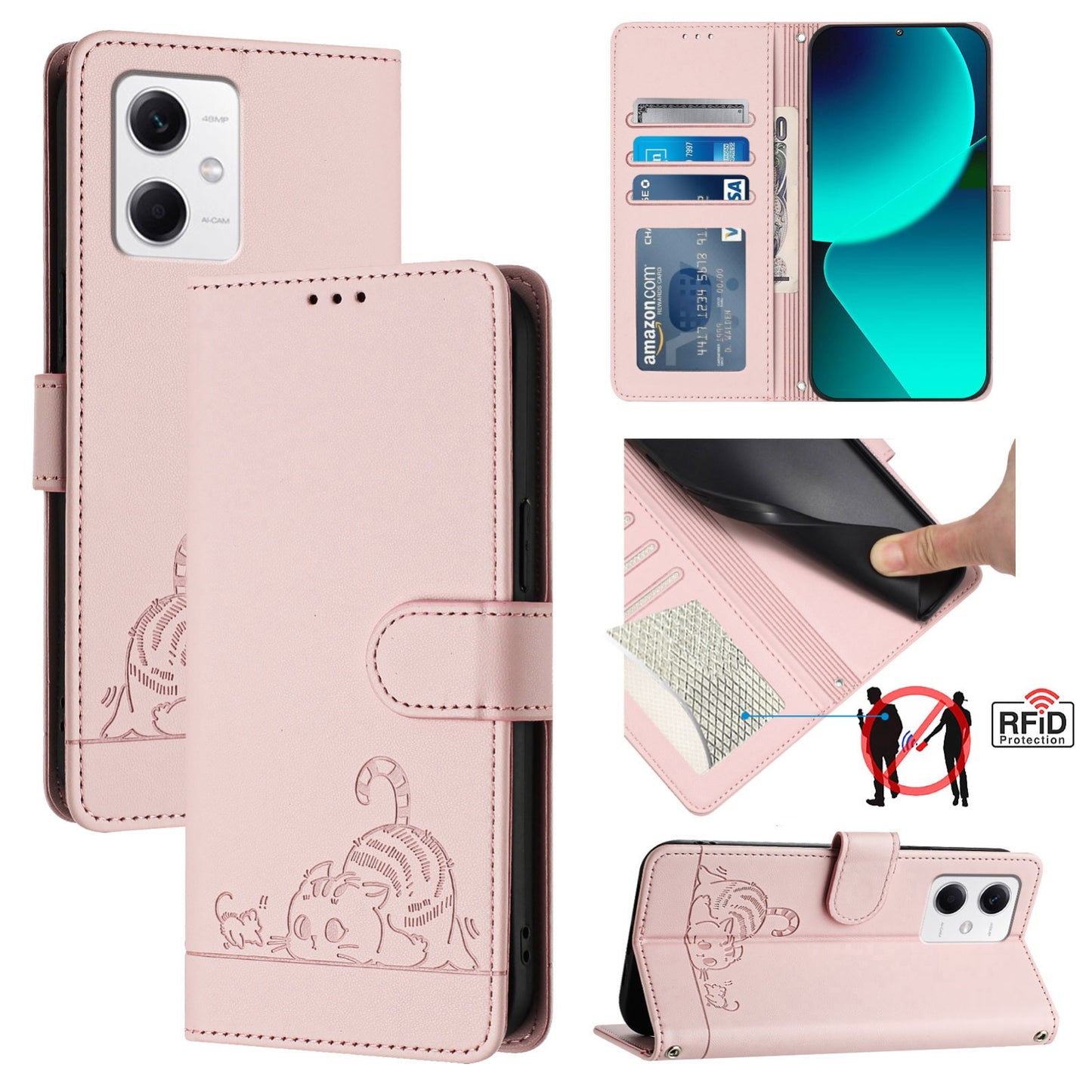 Xiaomi Redmi Note 12 5G Global Cat and Rat Embossed Pattern, RFID Leather Phone Case with Lanyard, Kickstand, and Wallet Features