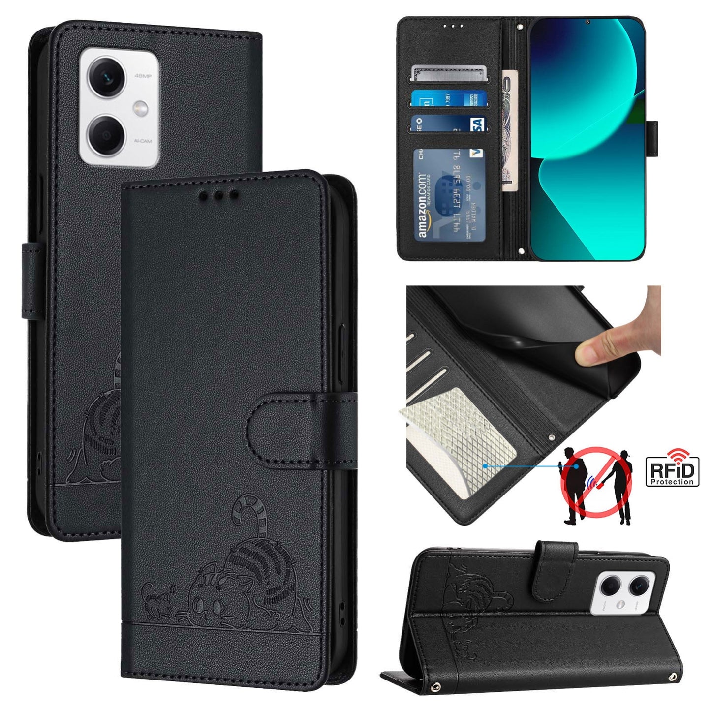 Xiaomi Redmi Note 12 5G Global Cat and Rat Embossed Pattern, RFID Leather Phone Case with Lanyard, Kickstand, and Wallet Features