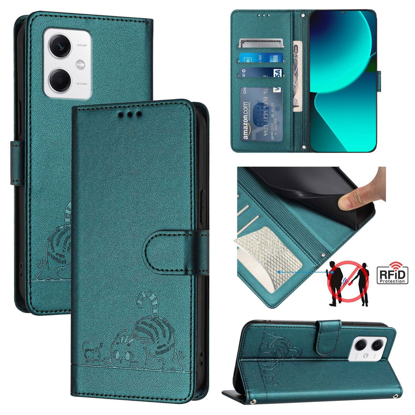 Xiaomi Redmi Note 12 5G Global Cat and Rat Embossed Pattern, RFID Leather Phone Case with Lanyard, Kickstand, and Wallet Features