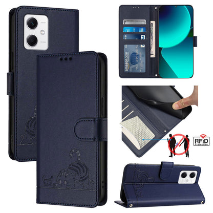 Xiaomi Redmi Note 12 5G Global Cat and Rat Embossed Pattern, RFID Leather Phone Case with Lanyard, Kickstand, and Wallet Features