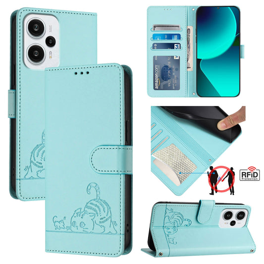 Xiaomi Redmi Note 12 Turbo 5G Cat and Rat Embossed Pattern, RFID Leather Phone Case with Lanyard, Kickstand, and Wallet Features