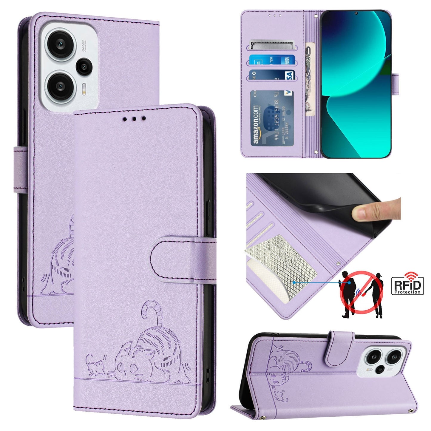 Xiaomi Redmi Note 12 Turbo 5G Cat and Rat Embossed Pattern, RFID Leather Phone Case with Lanyard, Kickstand, and Wallet Features