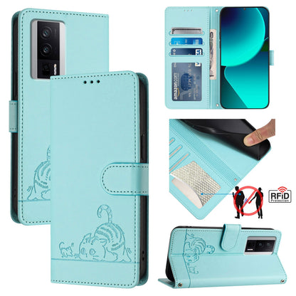 Xiaomi POCO F5 Pro Cat and Rat Embossed Pattern, RFID Leather Phone Case with Lanyard, Kickstand, and Wallet Features