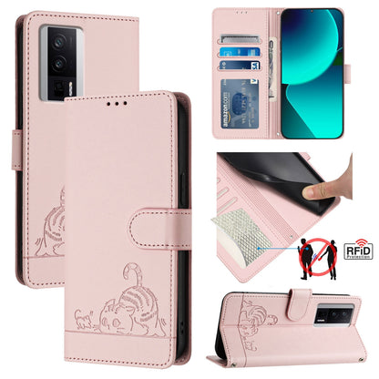 Xiaomi POCO F5 Pro Cat and Rat Embossed Pattern, RFID Leather Phone Case with Lanyard, Kickstand, and Wallet Features