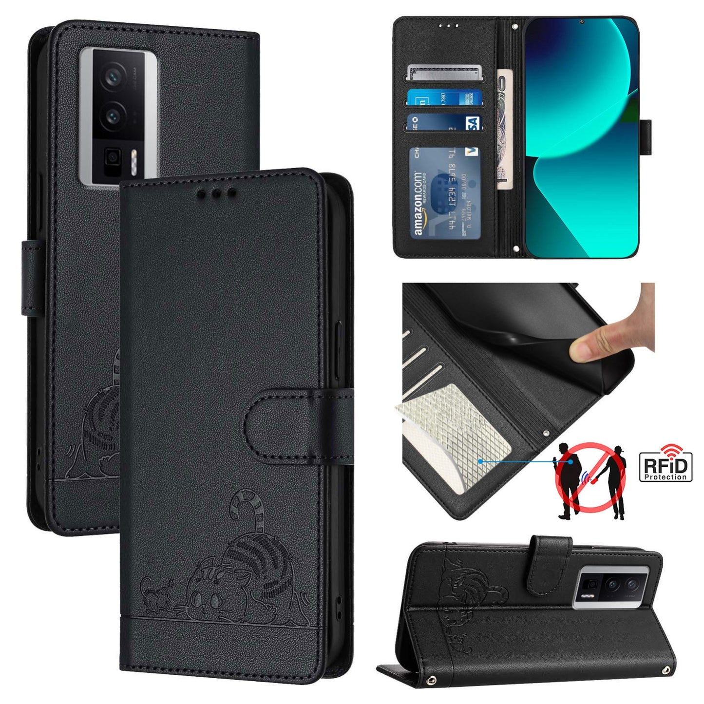 Xiaomi POCO F5 Pro Cat and Rat Embossed Pattern, RFID Leather Phone Case with Lanyard, Kickstand, and Wallet Features