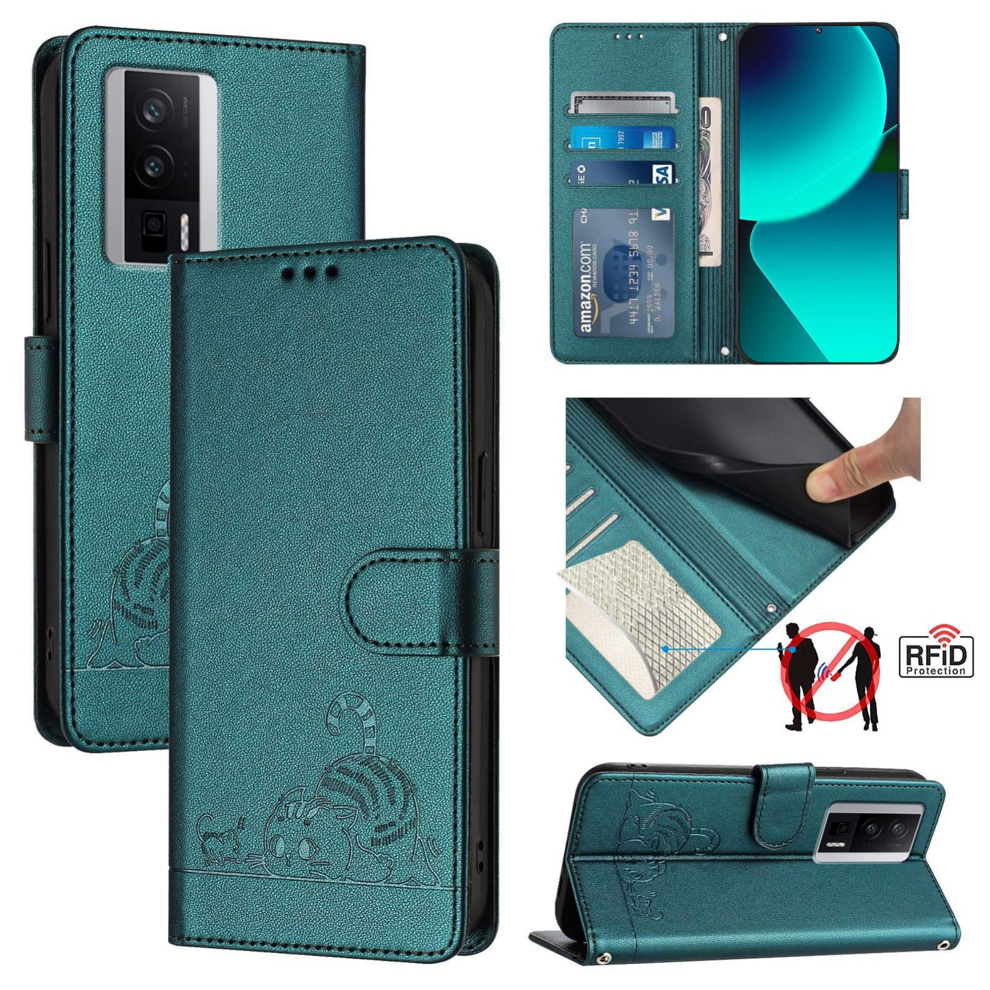 Xiaomi POCO F5 Pro Cat and Rat Embossed Pattern, RFID Leather Phone Case with Lanyard, Kickstand, and Wallet Features