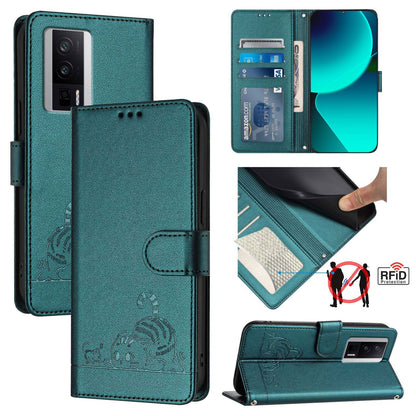 Xiaomi POCO F5 Pro Cat and Rat Embossed Pattern, RFID Leather Phone Case with Lanyard, Kickstand, and Wallet Features