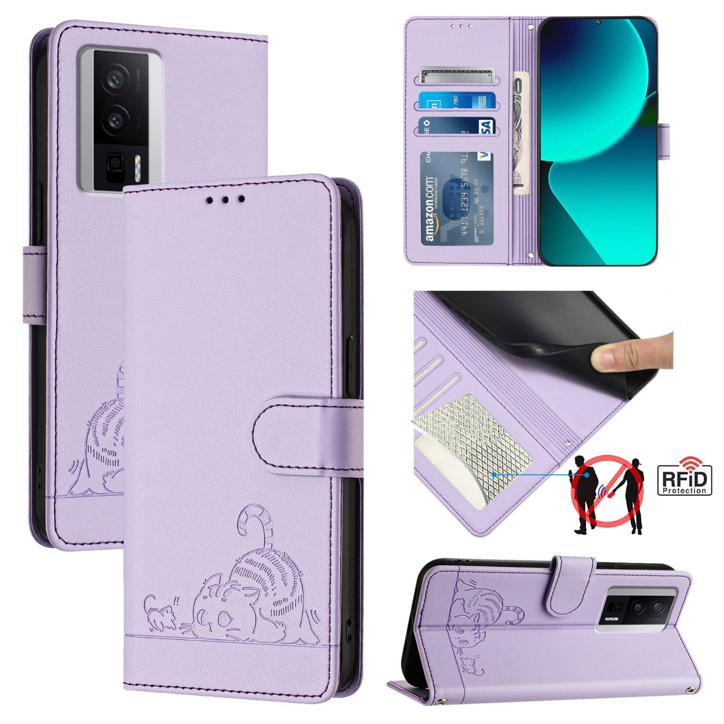 Xiaomi POCO F5 Pro Cat and Rat Embossed Pattern, RFID Leather Phone Case with Lanyard, Kickstand, and Wallet Features