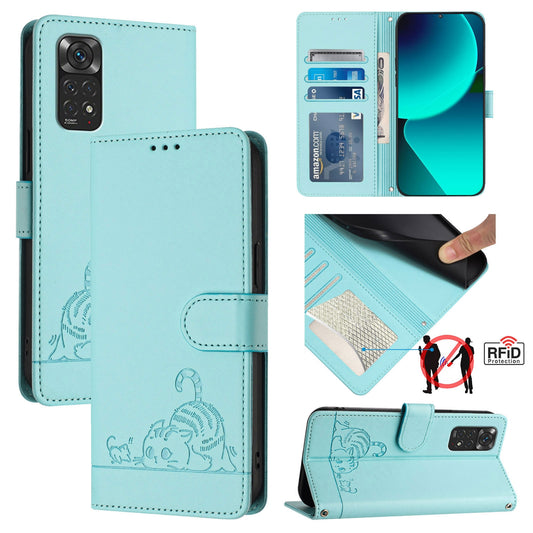 Xiaomi Redmi Note 11 4G Global Cat and Rat Embossed Pattern, RFID Leather Phone Case with Lanyard, Kickstand, and Wallet Features