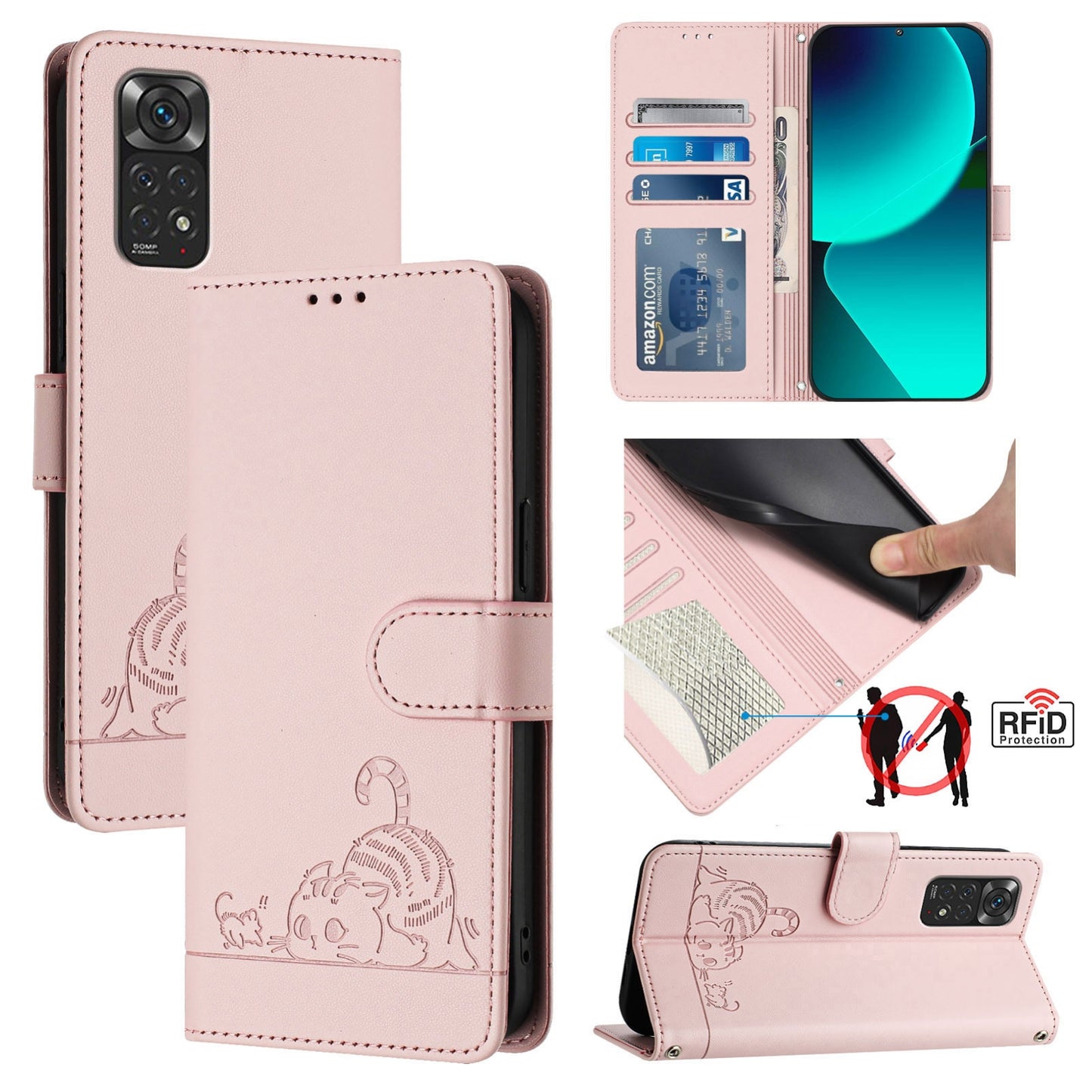 Xiaomi Redmi Note 11 4G Global Cat and Rat Embossed Pattern, RFID Leather Phone Case with Lanyard, Kickstand, and Wallet Features