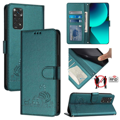 Xiaomi Redmi Note 11 4G Global Cat and Rat Embossed Pattern, RFID Leather Phone Case with Lanyard, Kickstand, and Wallet Features