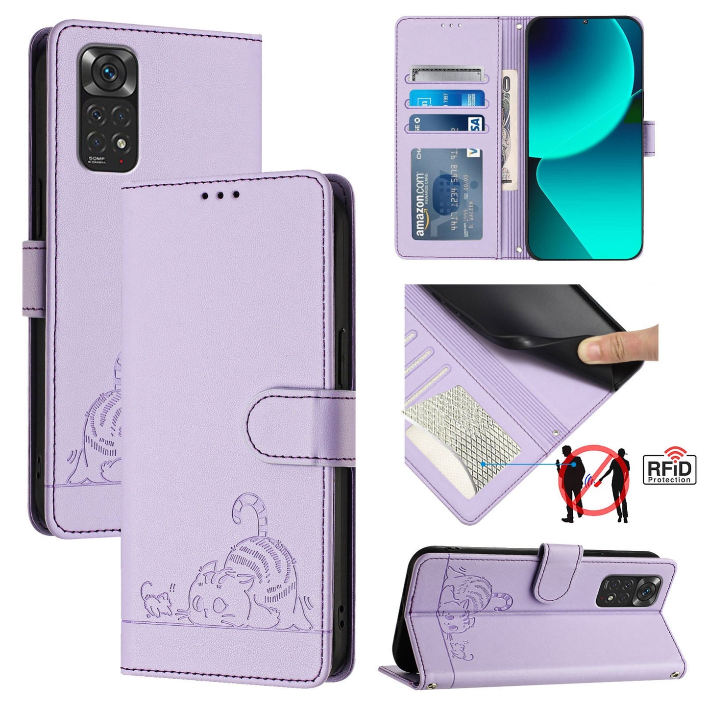 Xiaomi Redmi Note 11 4G Global Cat and Rat Embossed Pattern, RFID Leather Phone Case with Lanyard, Kickstand, and Wallet Features