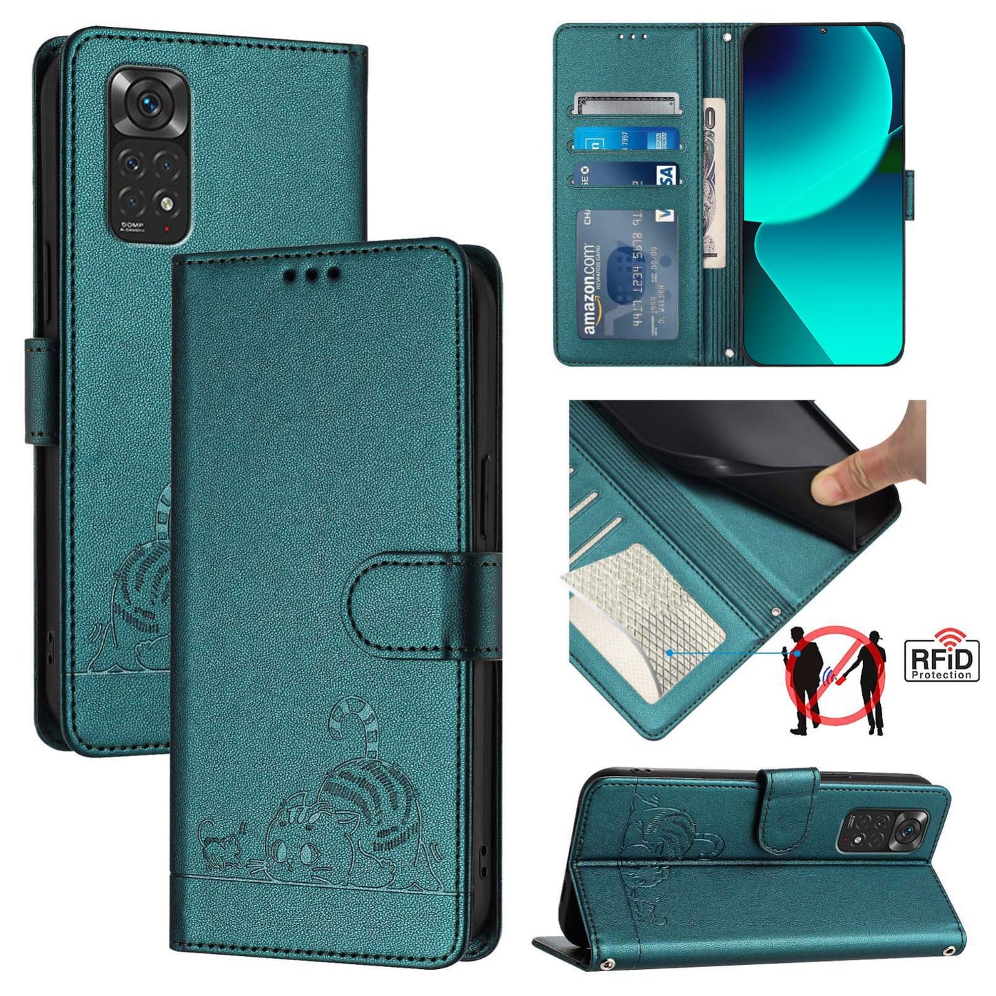 Xiaomi Redmi Note 12S 4G Global Cat and Rat Embossed Pattern, RFID Leather Phone Case with Lanyard, Kickstand, and Wallet Features