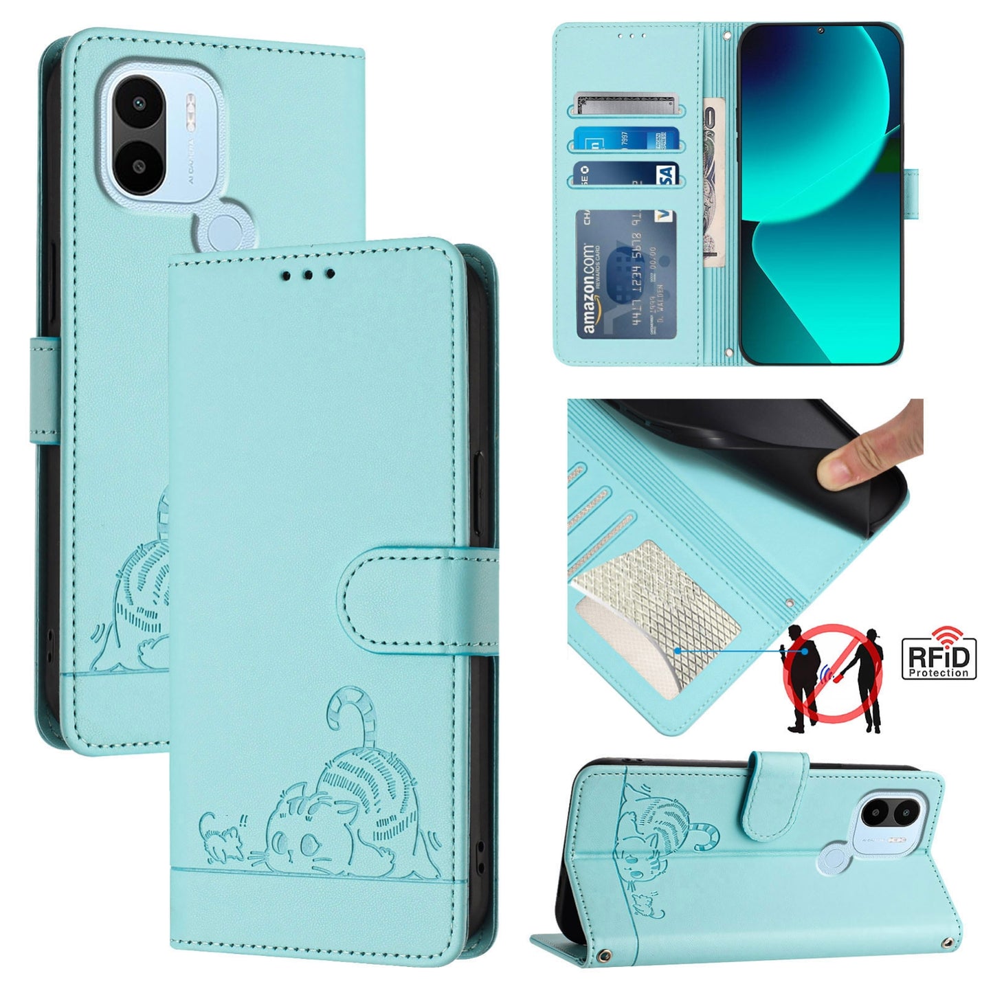 Xiaomi Redmi A1+ 4G Cat and Rat Embossed Pattern, RFID Leather Phone Case with Lanyard, Kickstand, and Wallet Features