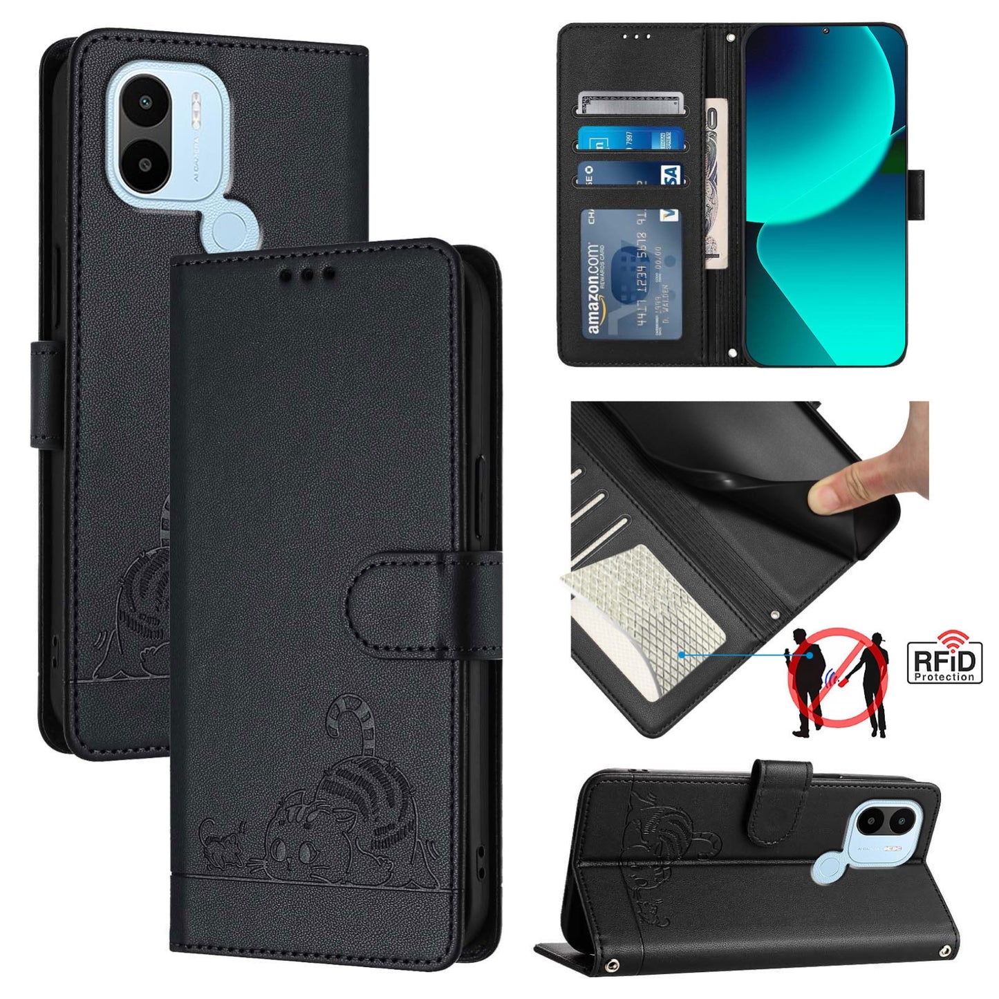 Xiaomi Redmi A1+ 4G Cat and Rat Embossed Pattern, RFID Leather Phone Case with Lanyard, Kickstand, and Wallet Features