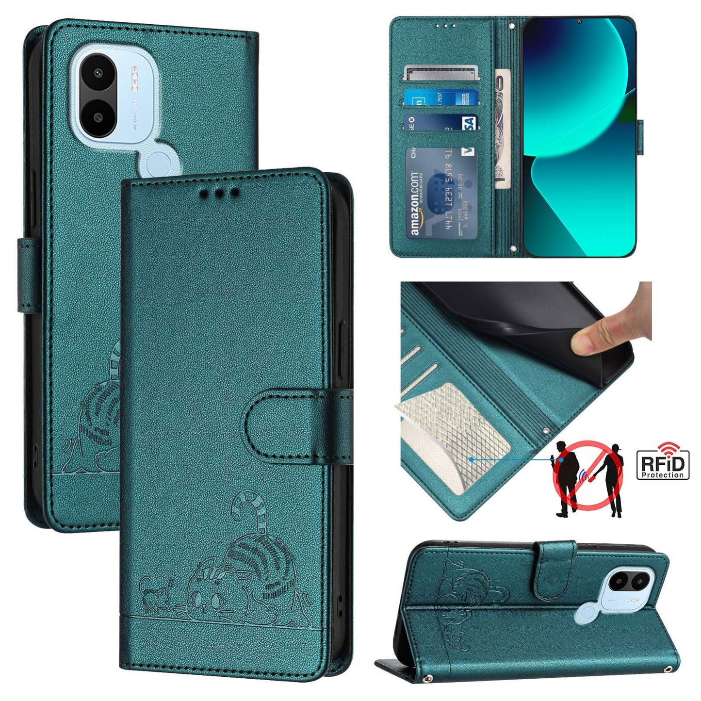 Xiaomi Redmi A1+ 4G Cat and Rat Embossed Pattern, RFID Leather Phone Case with Lanyard, Kickstand, and Wallet Features