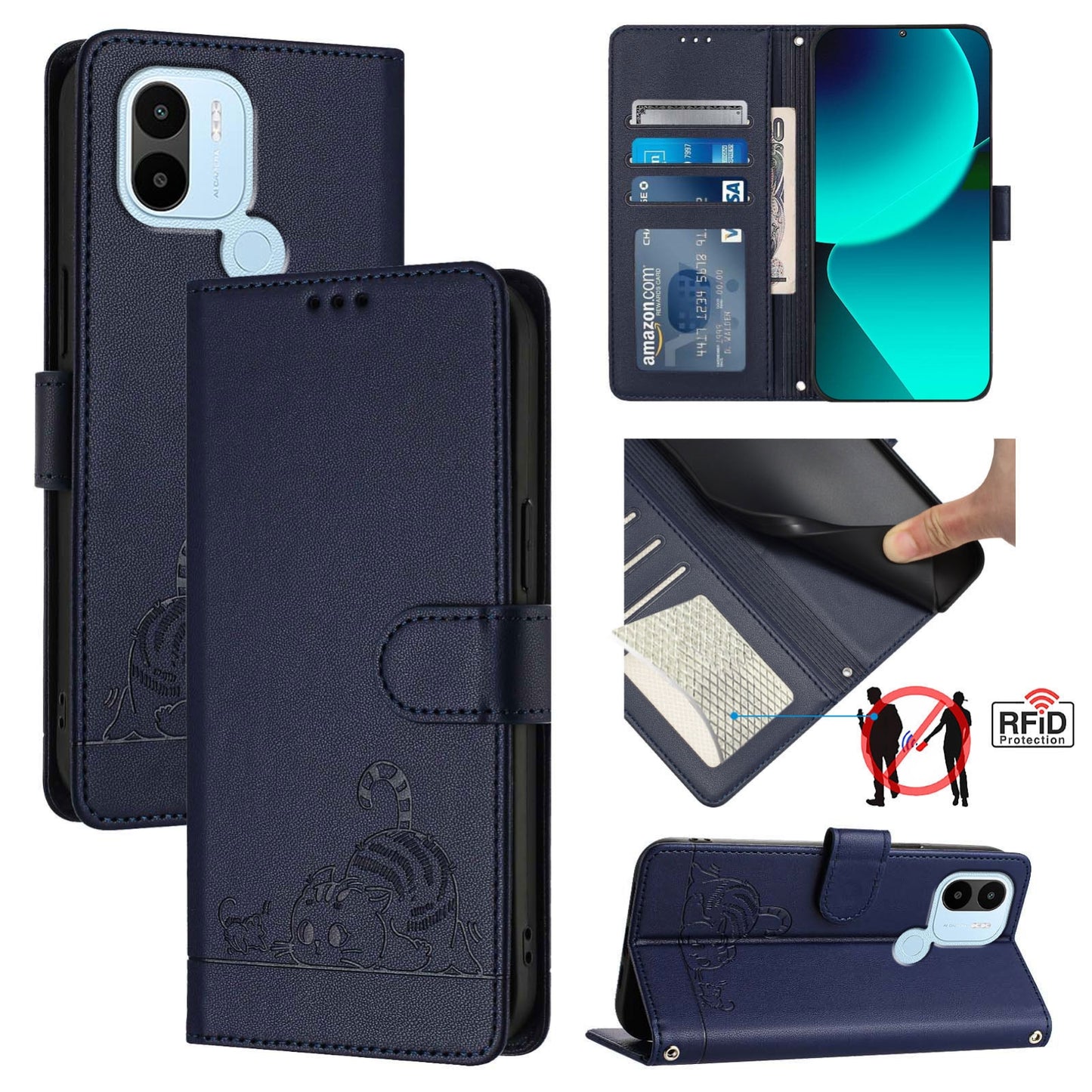 Xiaomi Redmi A1+ 4G Cat and Rat Embossed Pattern, RFID Leather Phone Case with Lanyard, Kickstand, and Wallet Features