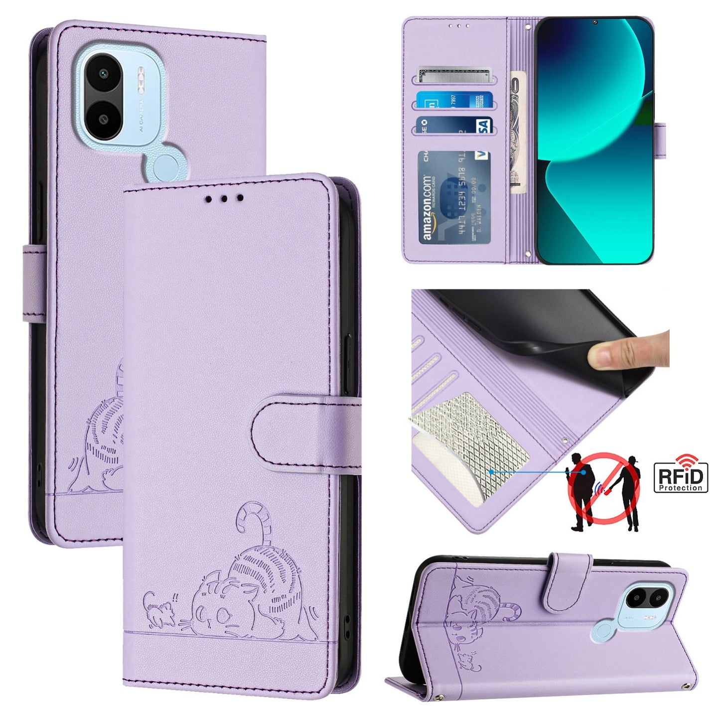 Xiaomi Redmi A1+ 4G Cat and Rat Embossed Pattern, RFID Leather Phone Case with Lanyard, Kickstand, and Wallet Features