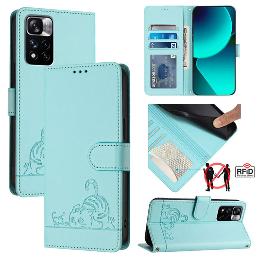 Xiaomi Redmi Note 12 Pro 4G Global Cat and Rat Embossed Pattern, RFID Leather Phone Case with Lanyard, Kickstand, and Wallet Features