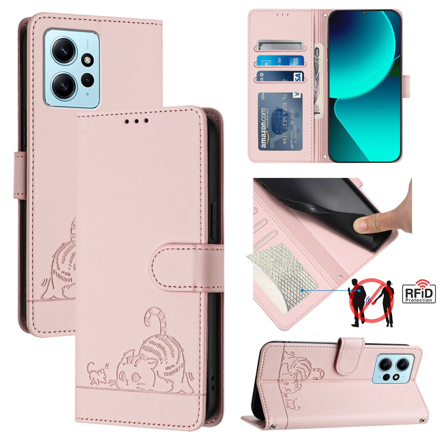 Xiaomi Redmi Note 12 4G Global Cat and Rat Embossed Pattern, RFID Leather Phone Case with Lanyard, Kickstand, and Wallet Features