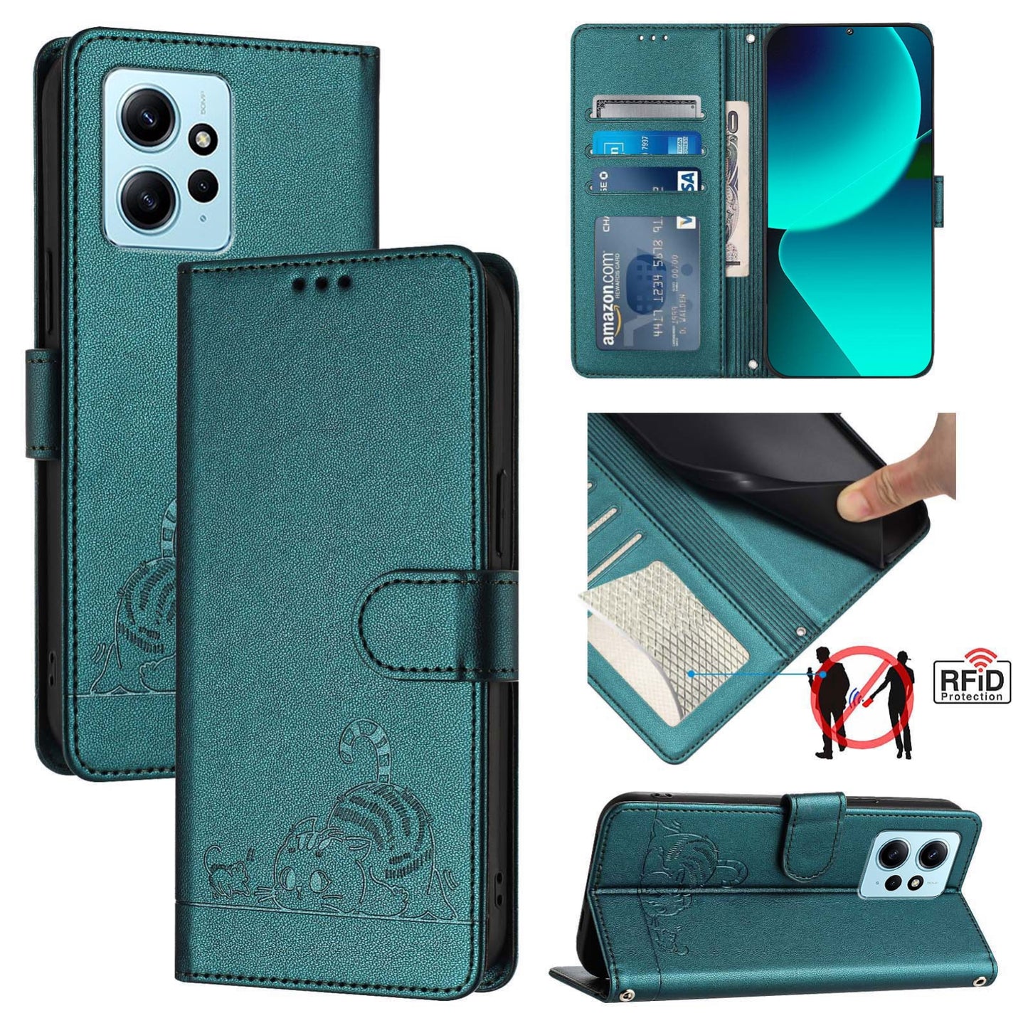 Xiaomi Redmi Note 12 4G Global Cat and Rat Embossed Pattern, RFID Leather Phone Case with Lanyard, Kickstand, and Wallet Features