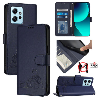 Xiaomi Redmi Note 12 4G Global Cat and Rat Embossed Pattern, RFID Leather Phone Case with Lanyard, Kickstand, and Wallet Features