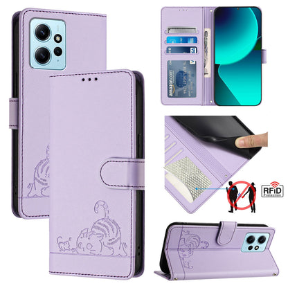 Xiaomi Redmi Note 12 4G Global Cat and Rat Embossed Pattern, RFID Leather Phone Case with Lanyard, Kickstand, and Wallet Features