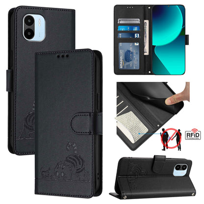 Xiaomi Redmi A1 4G Global Cat and Rat Embossed Pattern, RFID Leather Phone Case with Lanyard, Kickstand, and Wallet Features