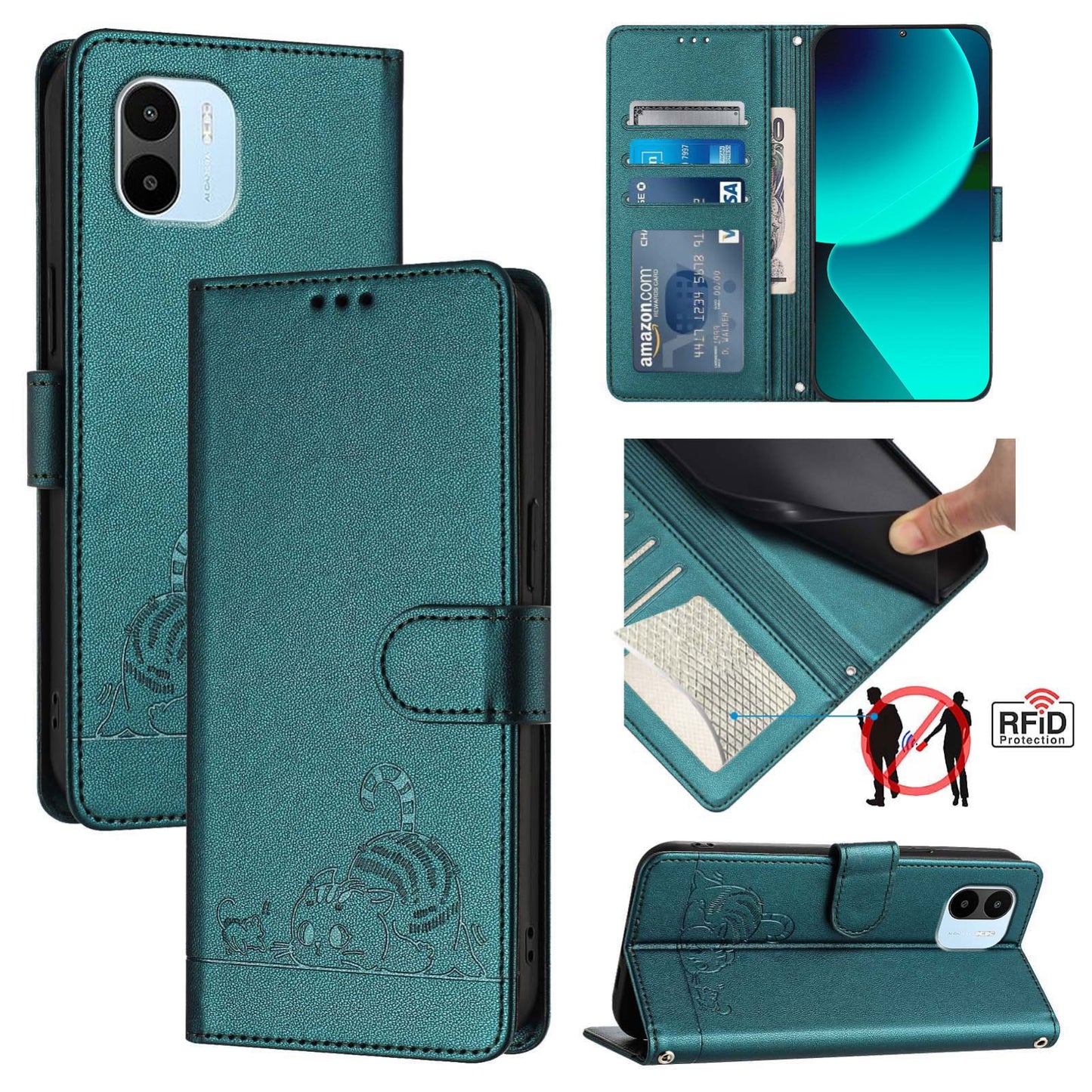 Xiaomi Redmi A1 4G Global Cat and Rat Embossed Pattern, RFID Leather Phone Case with Lanyard, Kickstand, and Wallet Features