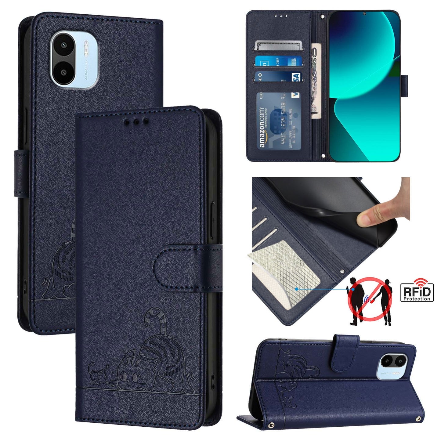 Xiaomi Redmi A1 4G Global Cat and Rat Embossed Pattern, RFID Leather Phone Case with Lanyard, Kickstand, and Wallet Features