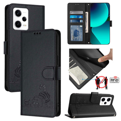 Xiaomi Redmi Note 12 Pro+ 5G Global Cat and Rat Embossed Pattern, RFID Leather Phone Case with Lanyard, Kickstand, and Wallet Features