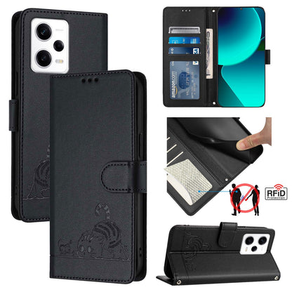 Xiaomi POCO X5 Pro Cat and Rat Embossed Pattern, RFID Leather Phone Case with Lanyard, Kickstand, and Wallet Features