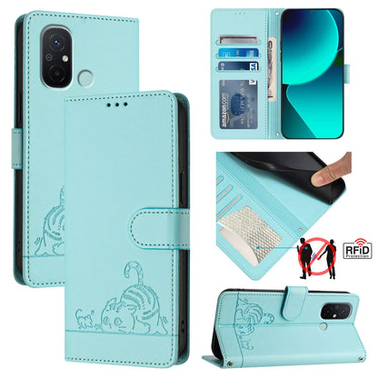 Xiaomi Redmi 12C Cat and Rat Embossed Pattern, RFID Leather Phone Case with Lanyard, Kickstand, and Wallet Features