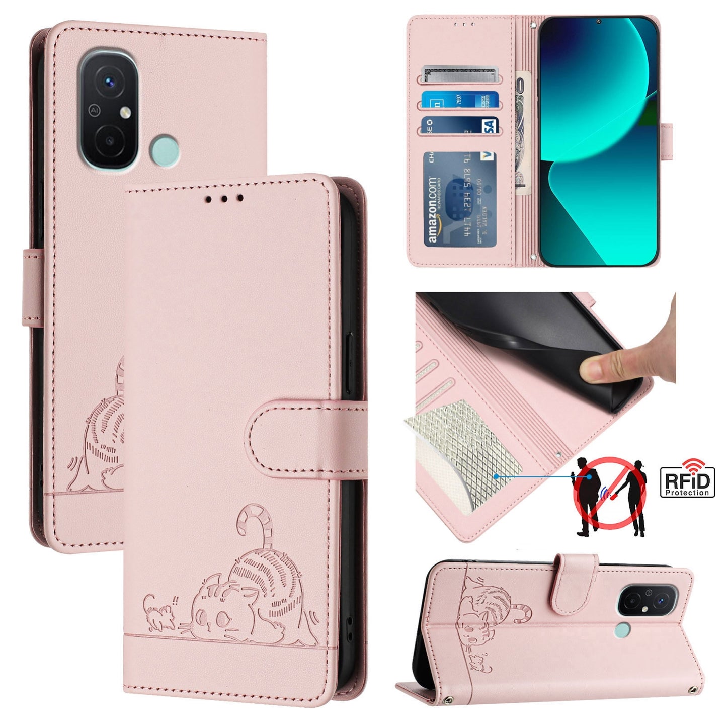 Xiaomi Redmi 12C Cat and Rat Embossed Pattern, RFID Leather Phone Case with Lanyard, Kickstand, and Wallet Features