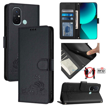 Xiaomi Redmi 12C Cat and Rat Embossed Pattern, RFID Leather Phone Case with Lanyard, Kickstand, and Wallet Features