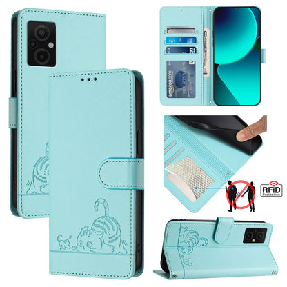 Xiaomi Redmi 10 5G Cat and Rat Embossed Pattern, RFID Leather Phone Case with Lanyard, Kickstand, and Wallet Features