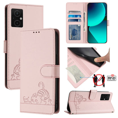 Xiaomi Redmi 10 5G Cat and Rat Embossed Pattern, RFID Leather Phone Case with Lanyard, Kickstand, and Wallet Features