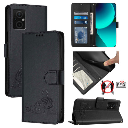 Xiaomi Redmi 10 5G Cat and Rat Embossed Pattern, RFID Leather Phone Case with Lanyard, Kickstand, and Wallet Features