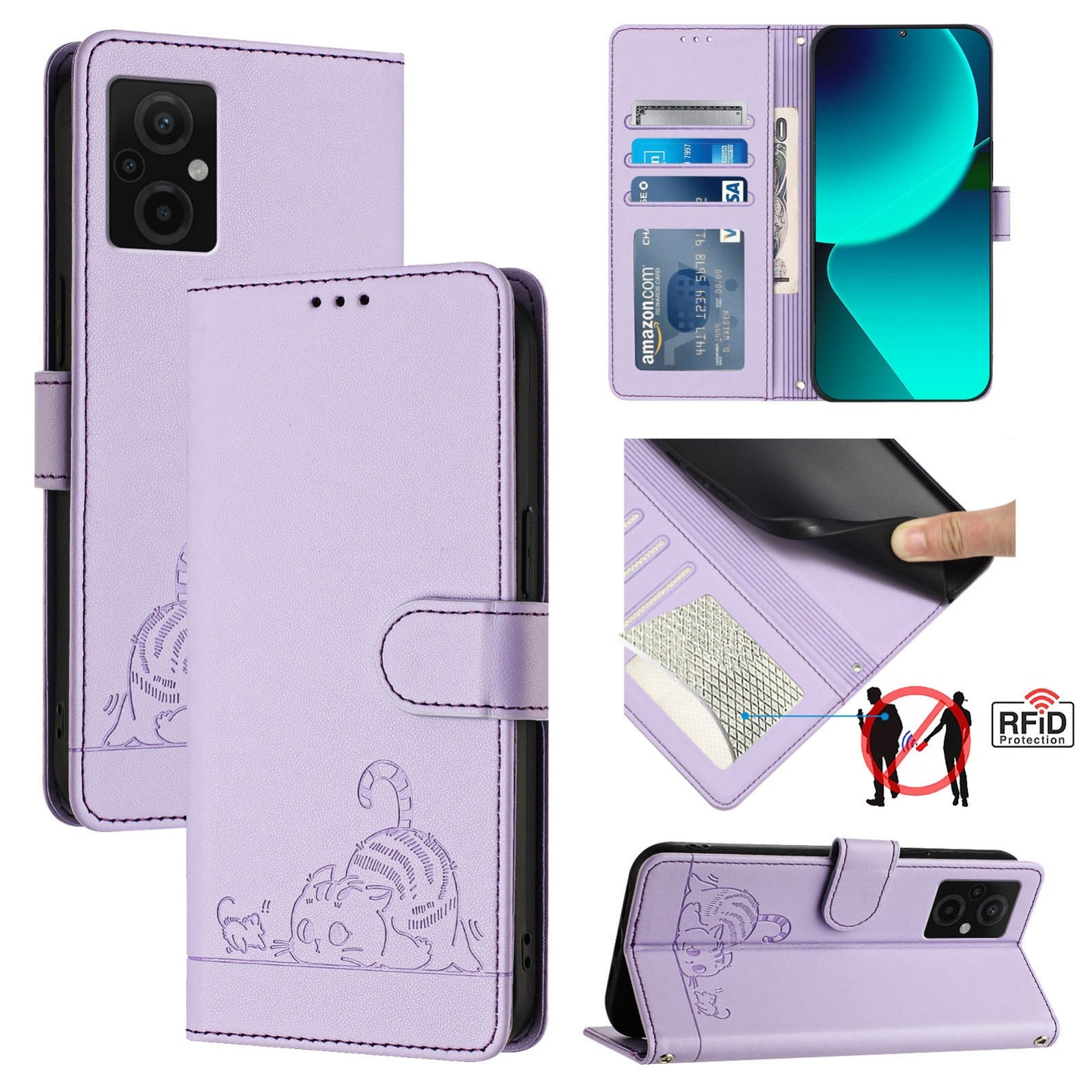 Xiaomi Redmi 10 5G Cat and Rat Embossed Pattern, RFID Leather Phone Case with Lanyard, Kickstand, and Wallet Features